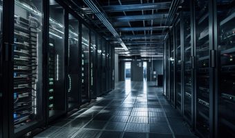 Salle de serveurs (Datacenter) moderne et sombre, avec des rangées d'armoires (racks) informatiques contenant des serveurs et des équipements réseau