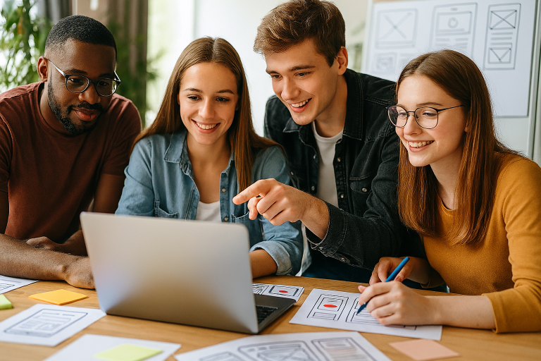 Étudiants en formation Concepteur Designer UI en alternance, travaillant en groupe sur un projet de design d'interface dans un environnement moderne et collaboratif
